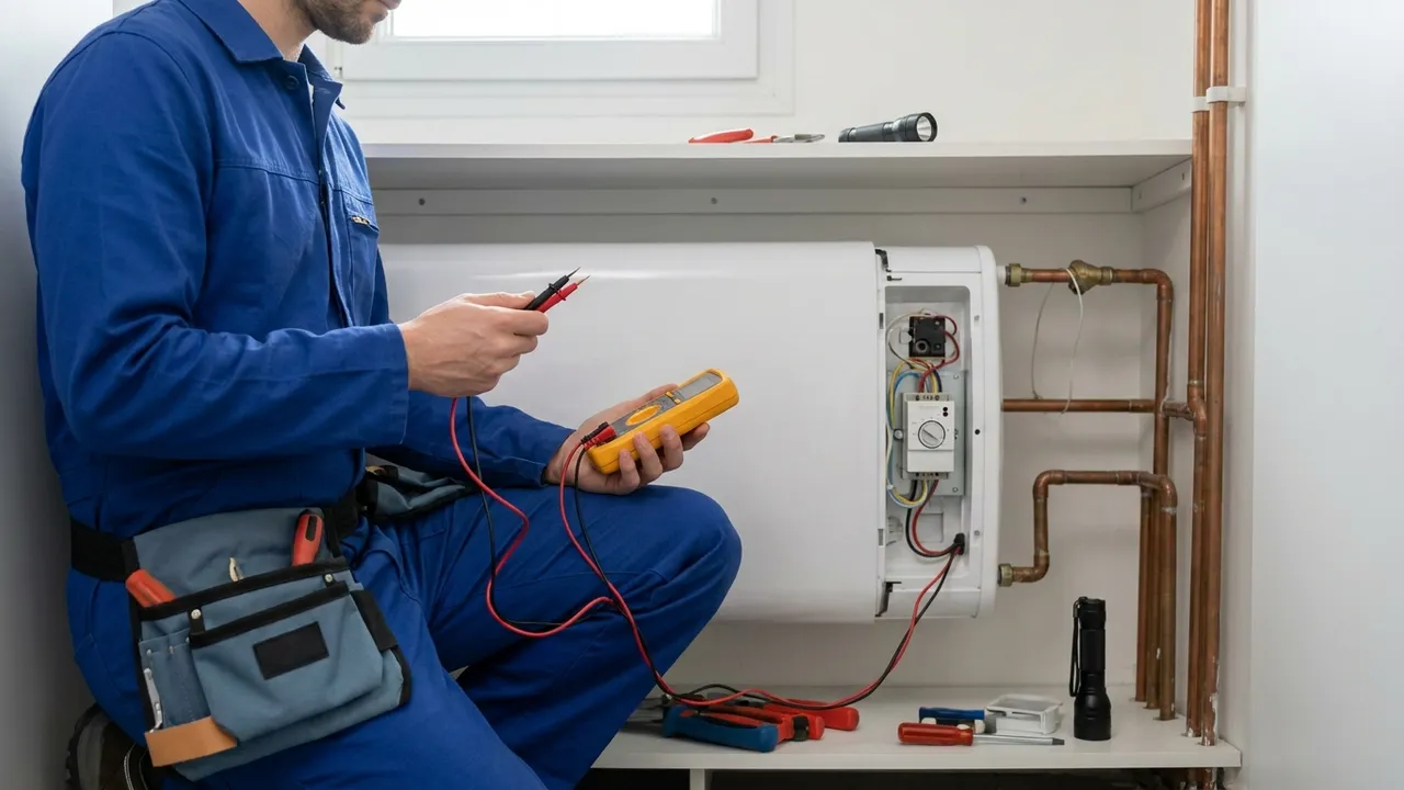 Diagnostic d'un chauffe-eau électrique en panne dans le cellier d'un pavillon des Mureaux