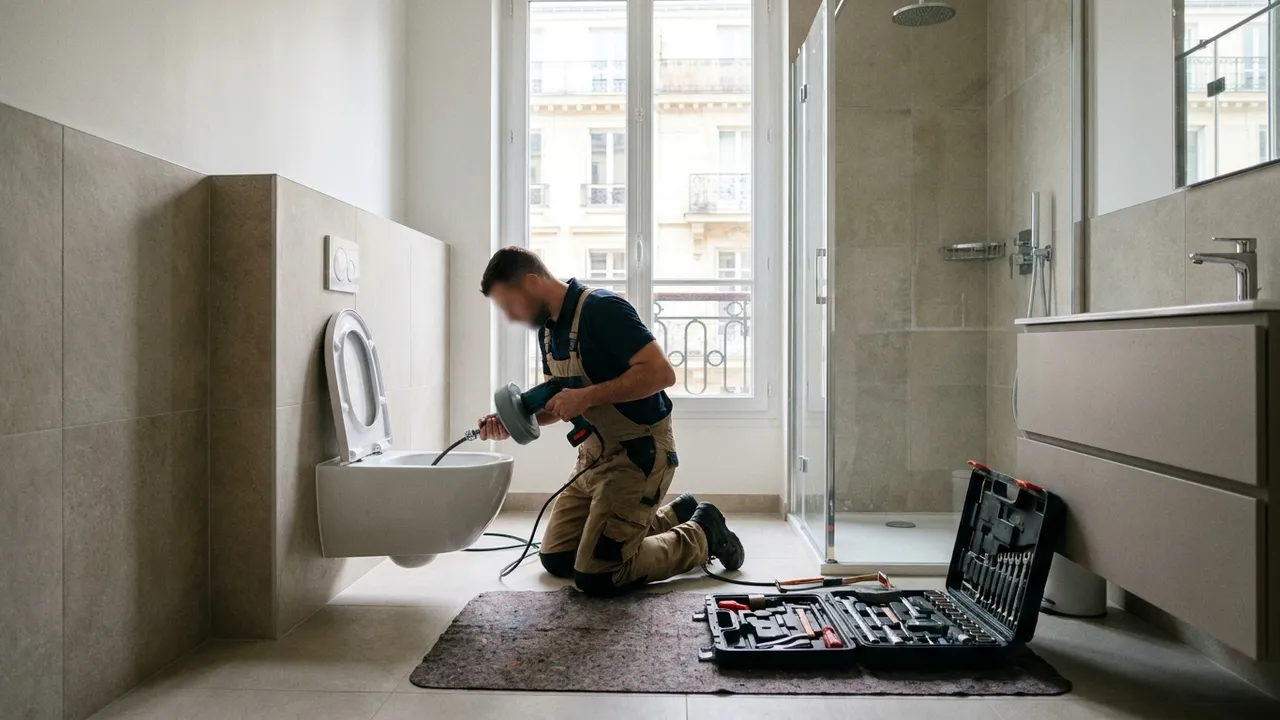 Débouchage d'un WC à la ventouse dans une salle d'eau d'appartement aux Mureaux